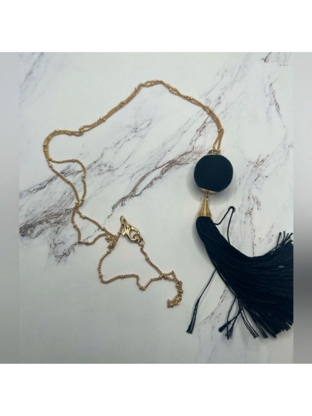 Statement Necklace Flapper Inspired Long Black Tassle Gold Tone